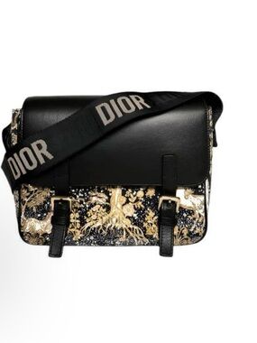 Dior Black leather Messenger Bag with Gold Magical Print and Logo Strap